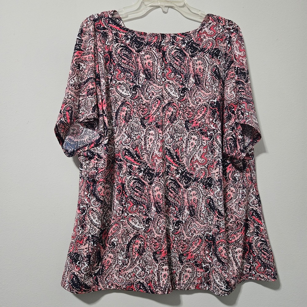Dana Buchman Woman 3X Pink Navy Paisley Cowl Neck Short Sleeve Blouse‎ Top - Picture 4 of 4